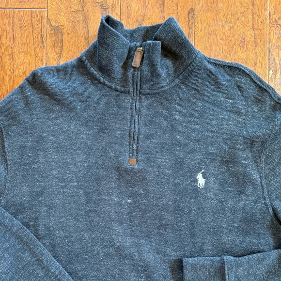POLO RALPH LAUREN Size LG Cotton Black Dark Gray Pony 1/4 Zip Sweater - Picture 2 of 8